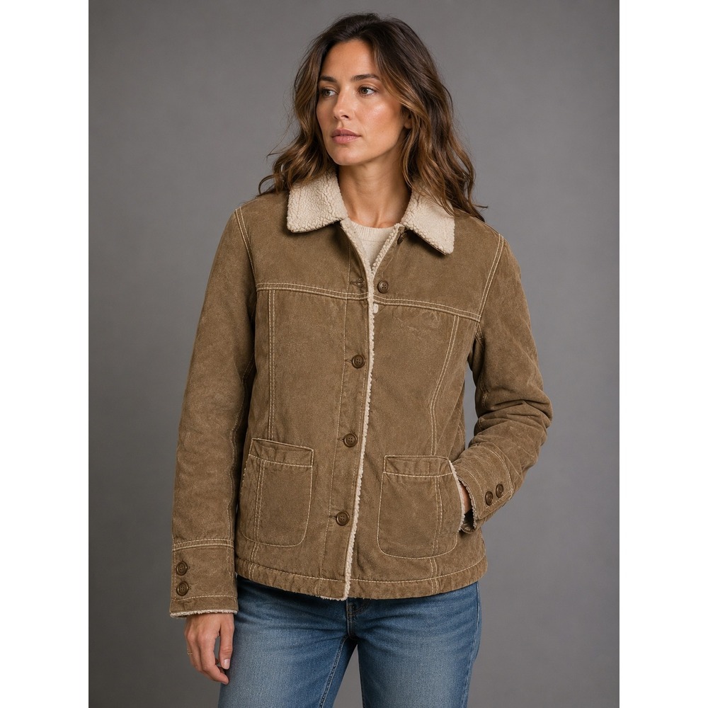 Vintage Columbia Jacket Women Medium Leather Sherpa Lined Collar Coat Brown Work